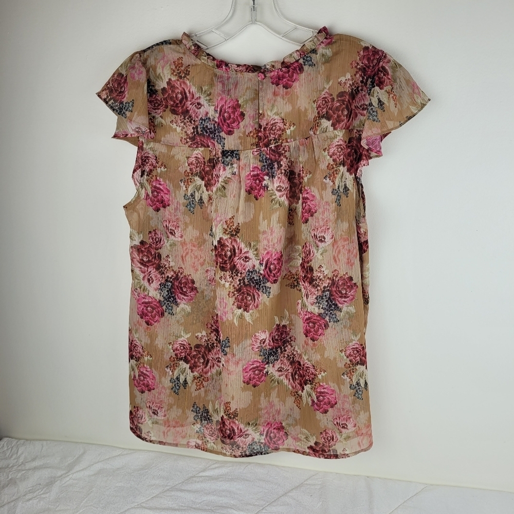 Torrid tan pink moody floral sheer blouse ruffle cap sleeves fairy girly M/L - Picture 4 of 11